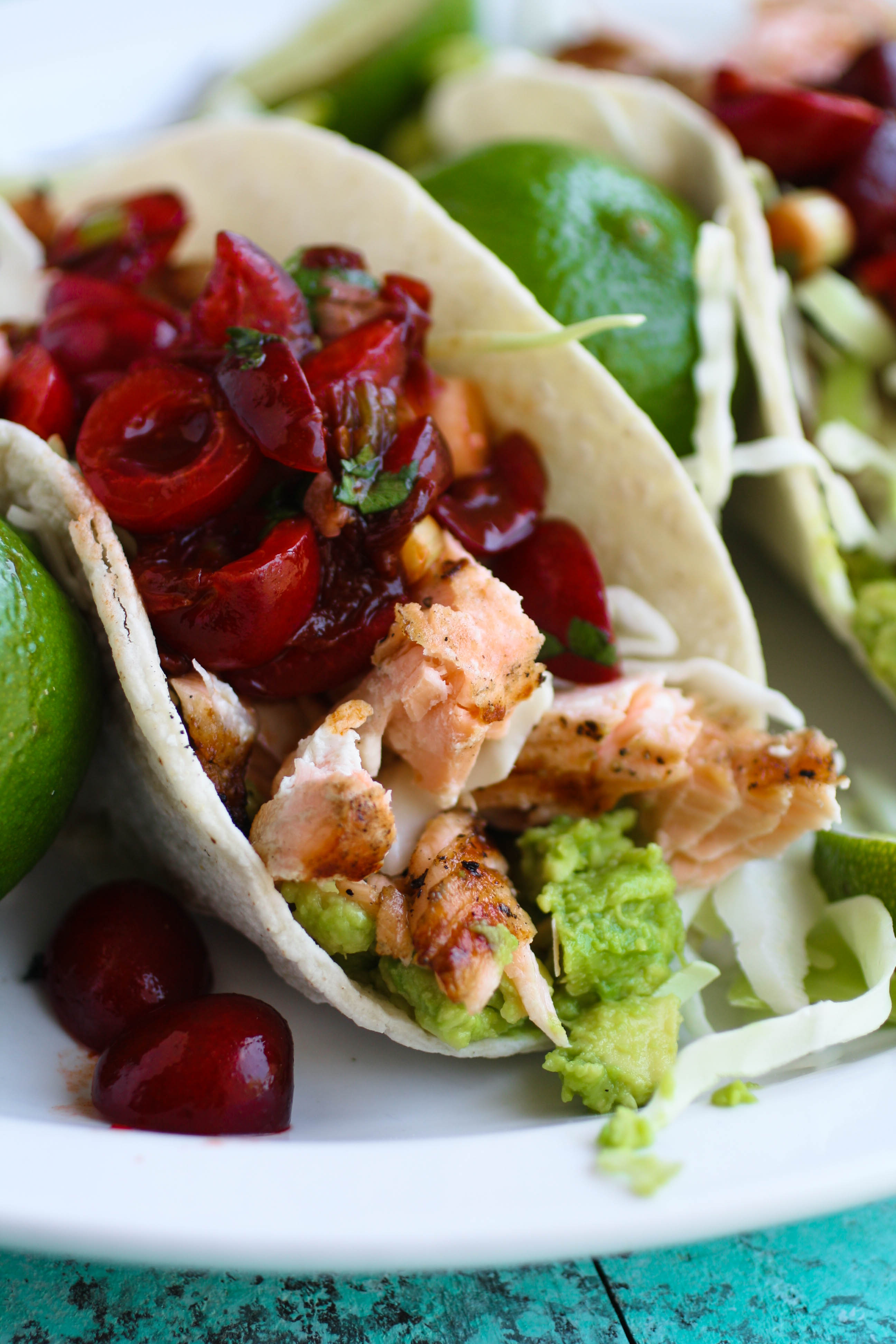 Grilled Salmon Tacos with Fresh Cherry-Chipotle Salsa