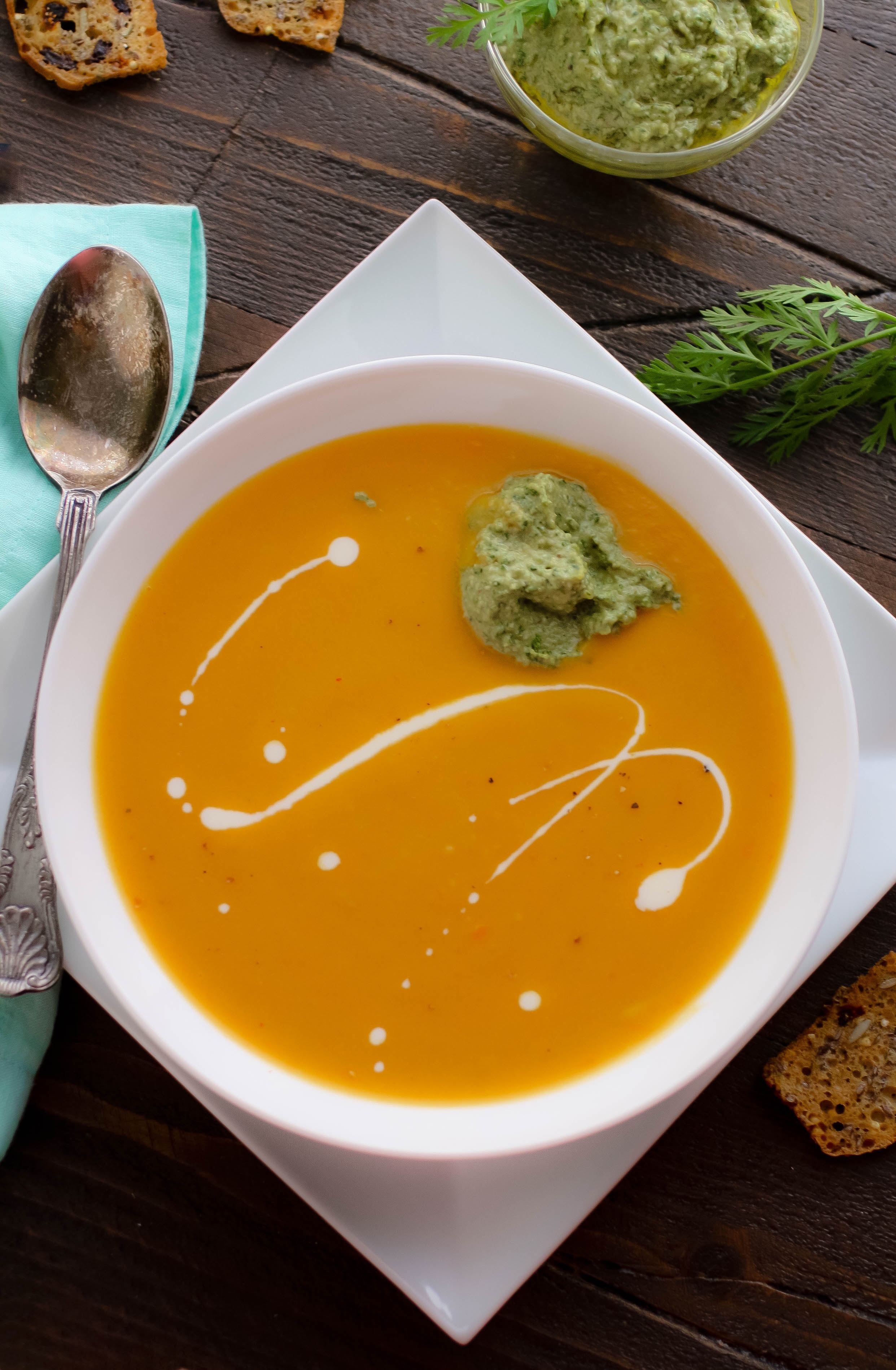 Roasted Carrot and Parsnip Soup with Carrot Greens Pesto