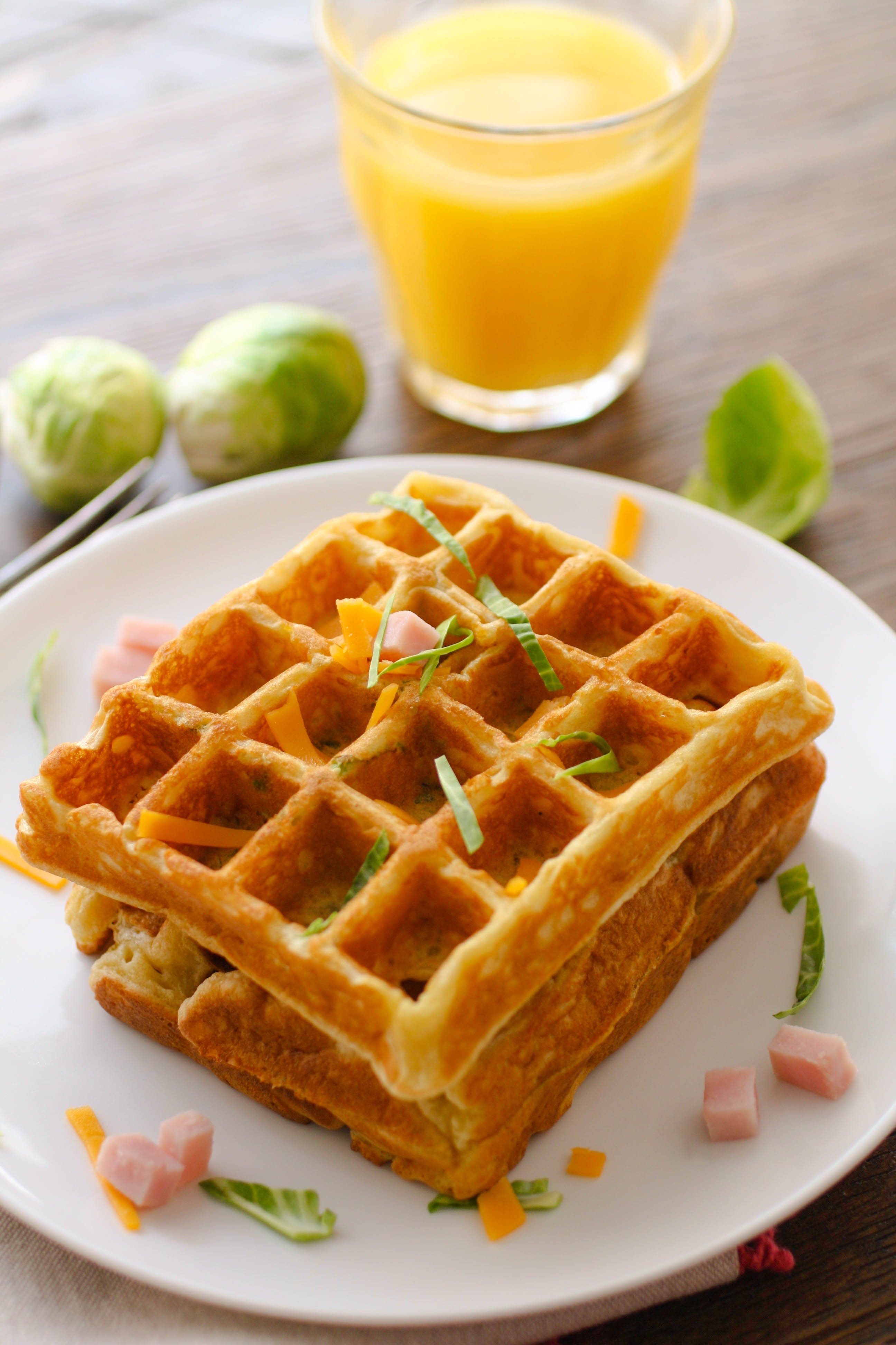 Savory Waffles with Ham, Cheddar and Brussels Sprouts