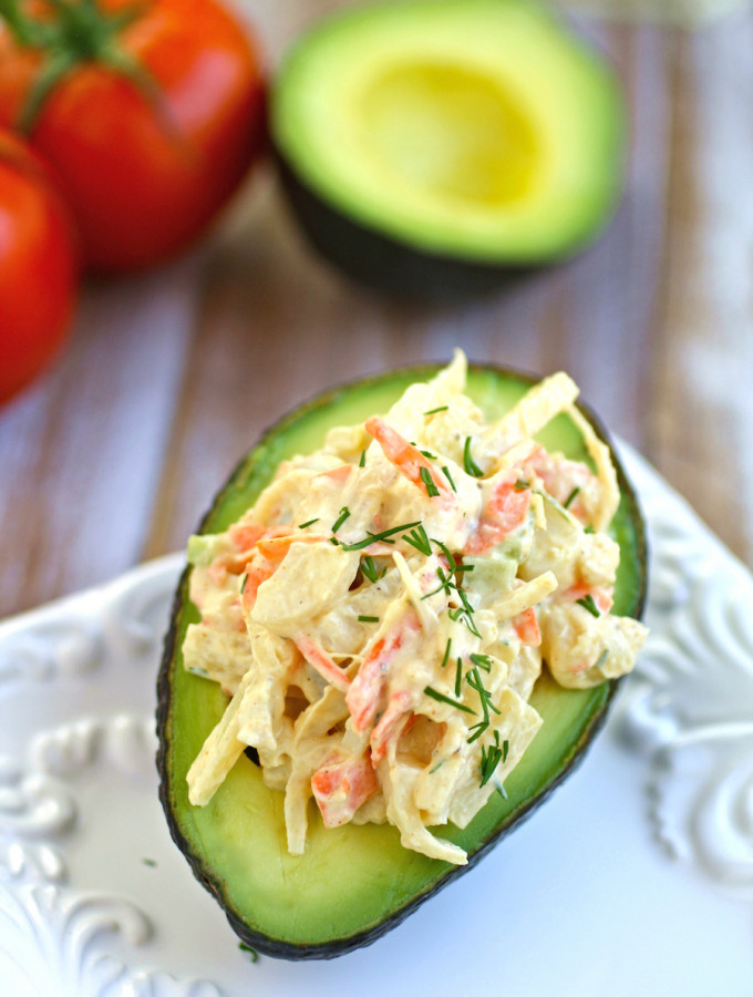 Avocado stuffed with Hearts of Palm Crabless Salad, perfect for Meatless Monday