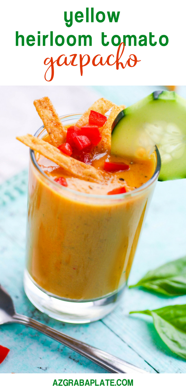 Yellow Heirloom Tomato Gazpacho is a fabulous appetizer this season. Yellow Heirloom Tomato Gazpacho is full of fresh flavor for a fabulous appetizer!