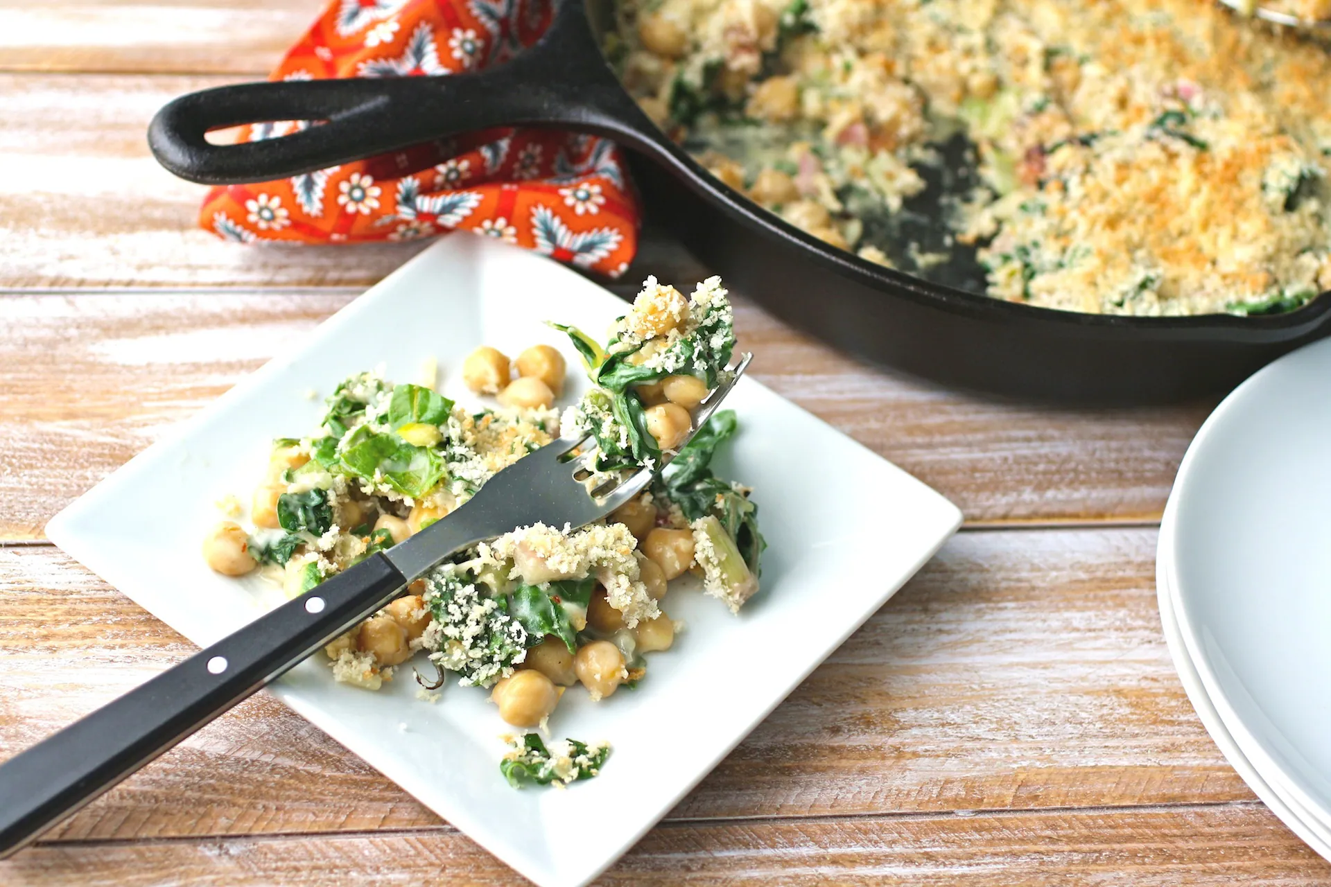 Dig in to a dish of Creamy Skillet Swiss Chard and Chickpeas with Crunchy Breadcrumbs