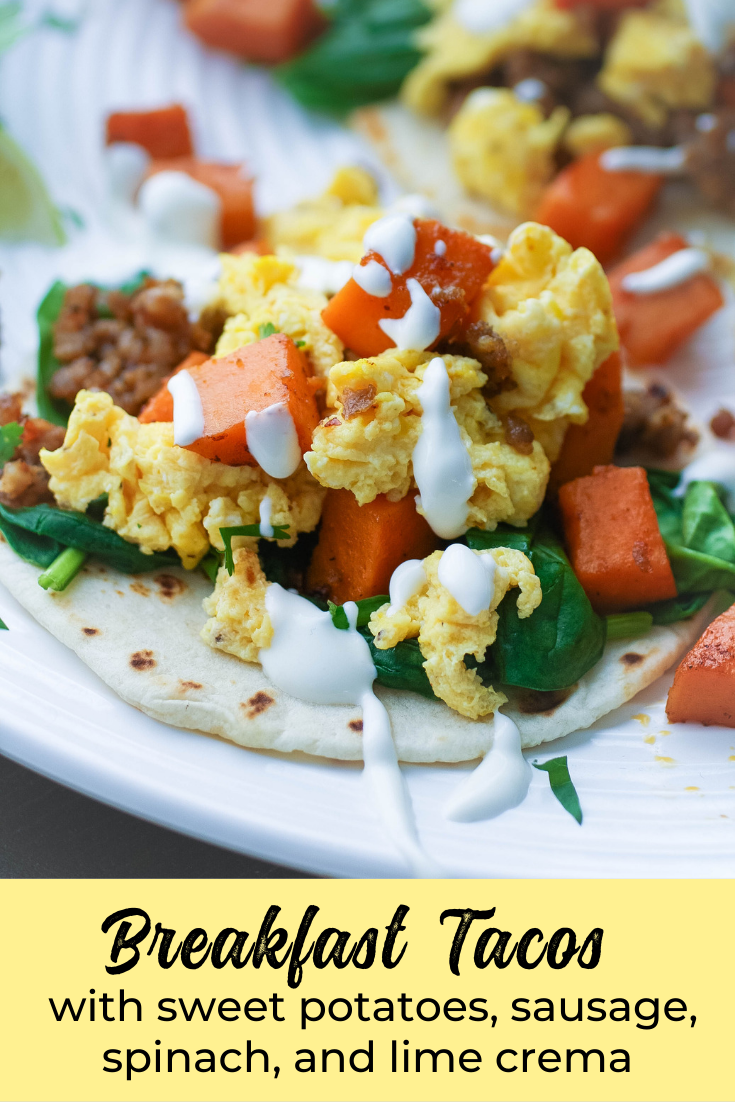 Make Breakfast Tacos with Sweet Potatoes, Sausage, Spinach, and Lime Crema your next morning meal! Breakfast Tacos with Sweet Potatoes, Sausage, Spinach, and Lime Crema are so tasty!