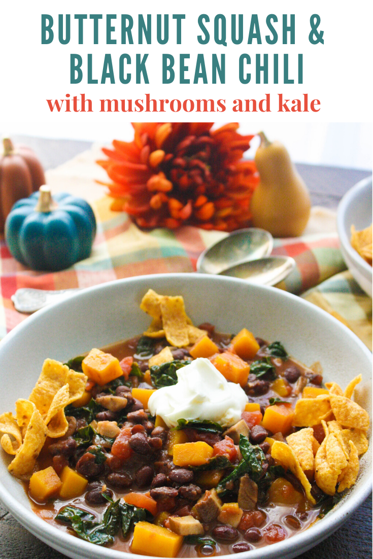 Butternut Squash and Black Bean Chili with Mushrooms & Kale is a delightful and comforting dish you'll love. Butternut Squash and Black Bean Chili with Mushrooms & Kale is a perfect main dish for a chilly night!