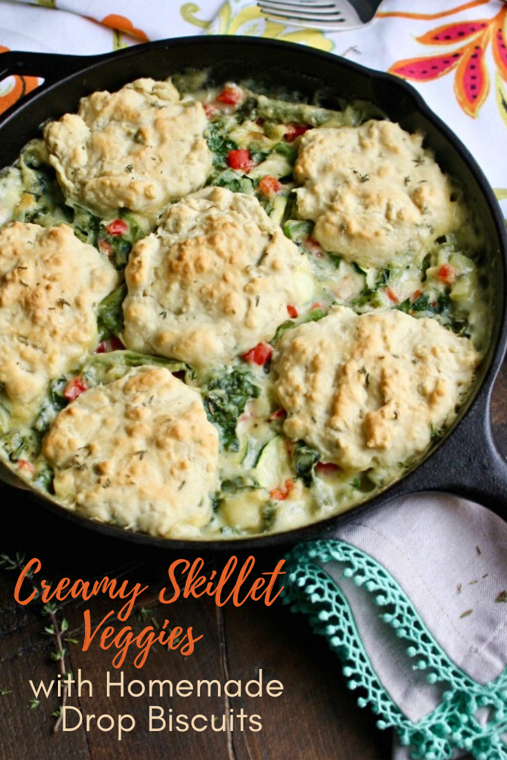 These Creamy Skillet Veggies and Homemade Drop Biscuits are amazing for your next meal. Use what you have in your fridge or freezer to toss in the mix.