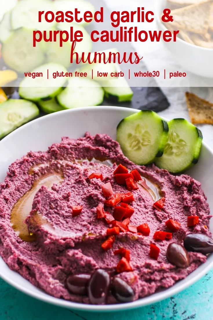 Roasted Garlic and Purple Cauliflower Hummus is a tasty lower-carb snack you'll love. Roasted Garlic and Purple Cauliflower Hummus is colorful and easy to make as your next snack or appetizer.