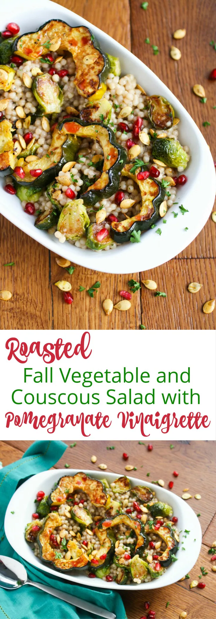 Roasted Fall Vegetable and Couscous Salad with Pomegranate Vinaigrette is a tasty and seasonal side. You'll love this side dish for a seasonal treat.
