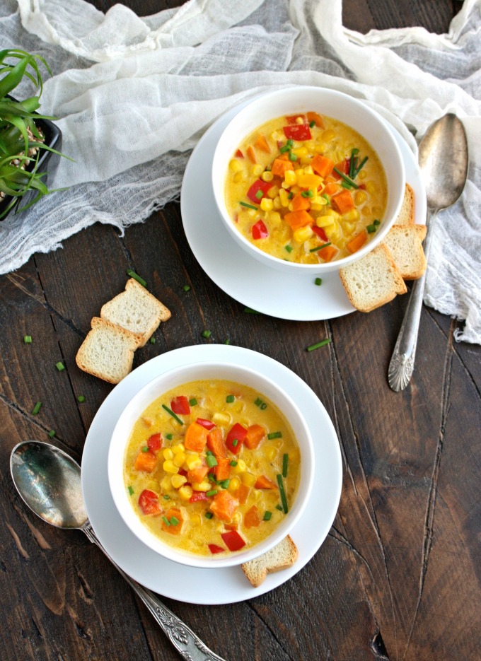 Serve this hearty soup for a delightful between-seasons meal! You'll love Corn and Sweet Potato Chowder with Saffron Cream.