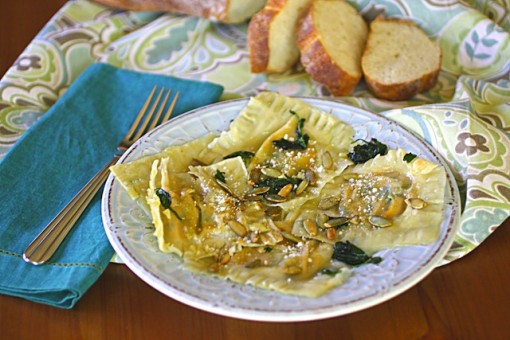 Pumpkin, Arugula and Spinach Wonton Ravioli