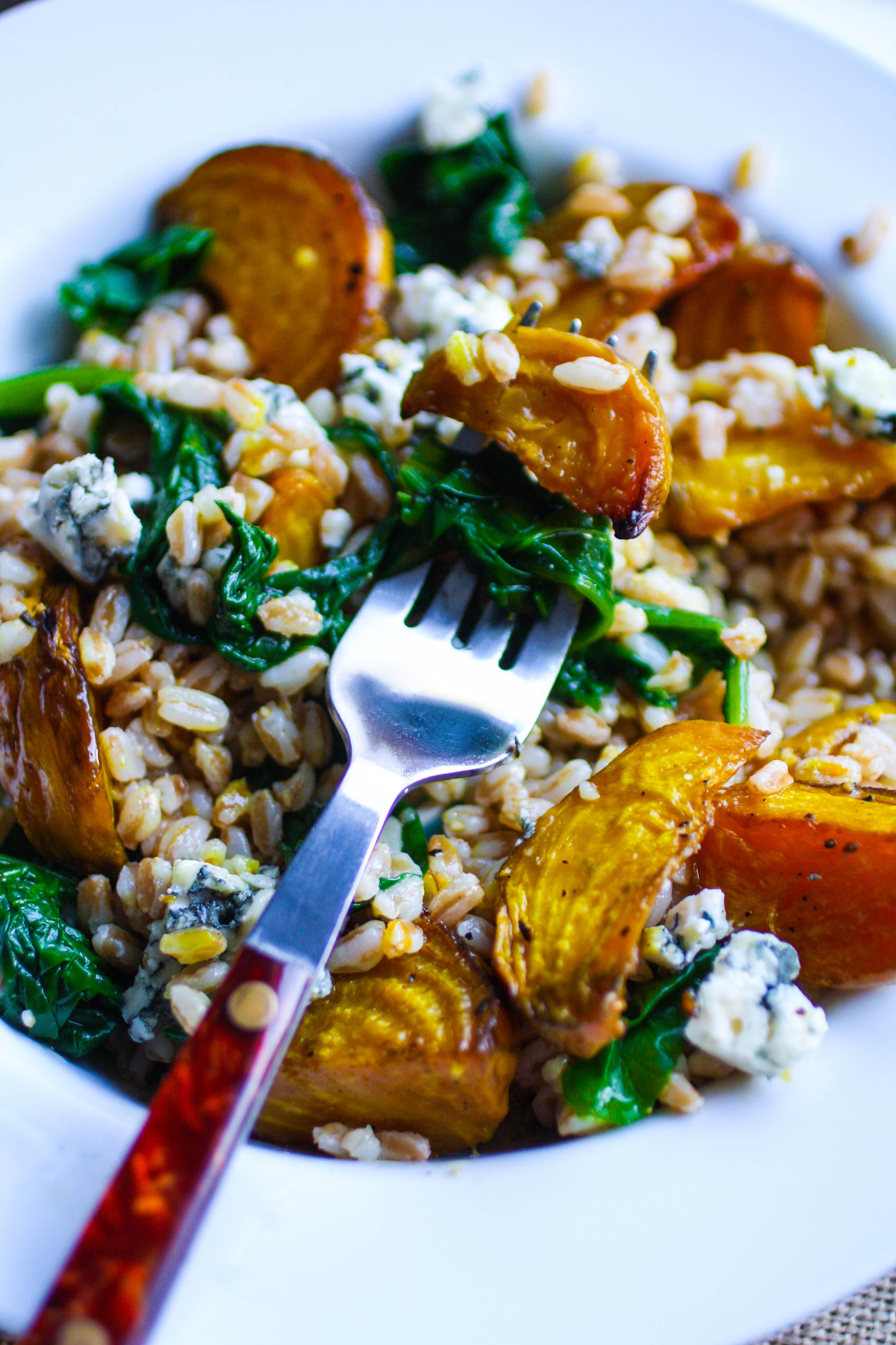 Roasted Beet & Farro Salad is a lovely dish to serve in the winter. This salad shines with beets, farro, and your favorite vinaigrette!