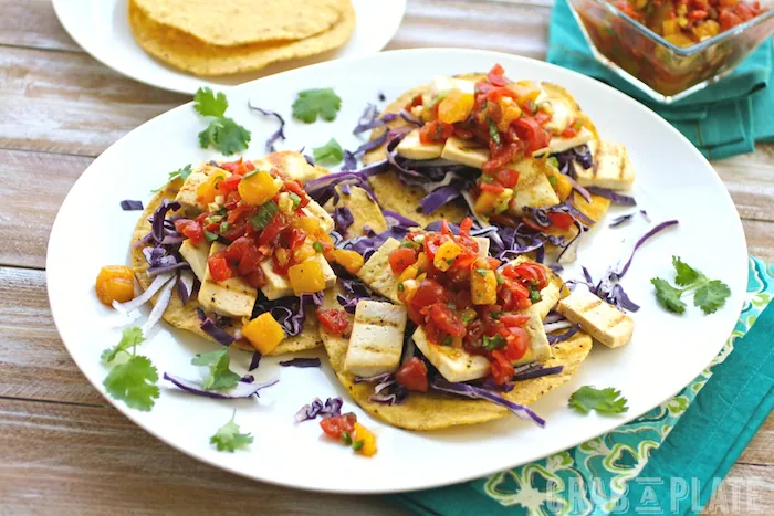 Three on a plate make a filling meal: Grilled Tofu Tostadas with Tomato-Mango Salsa