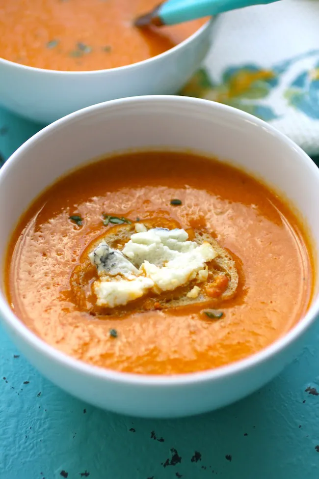 Warming Roasted Tomato Bisque with Blue Cheese Croutons