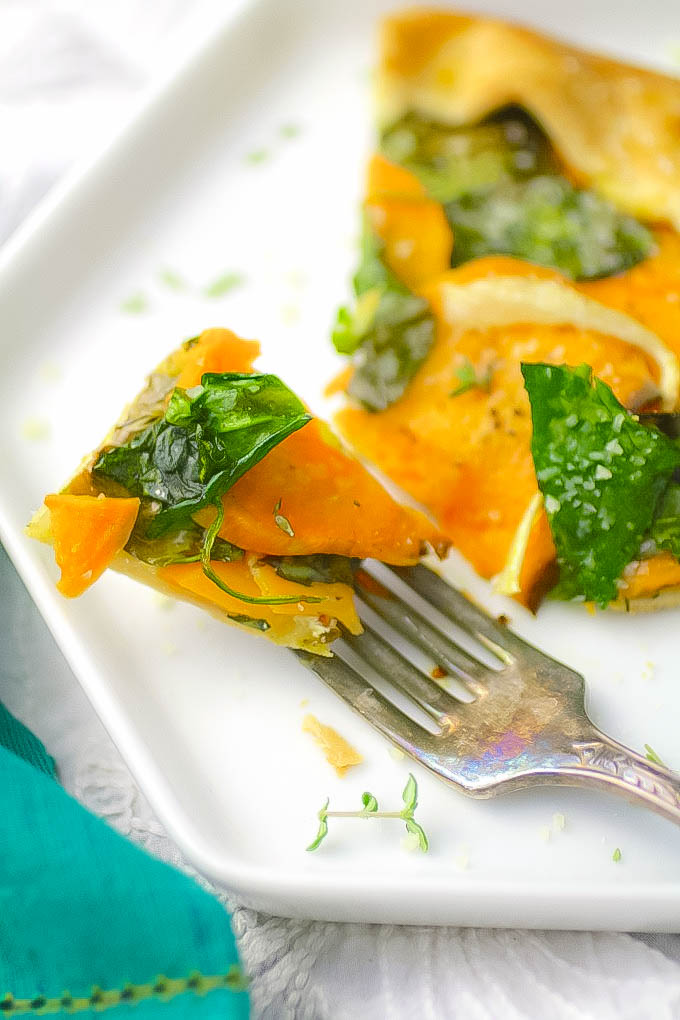 Sweet Potato and Spinach Galette is a fabulous vegetarian dish. This savory Sweet Potato and Spinach Galette is also so easy to make, and delicious, too!