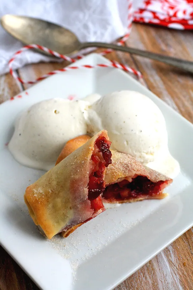 Vanilla ice cream served with Cranberry-apple Pie Spring Rolls