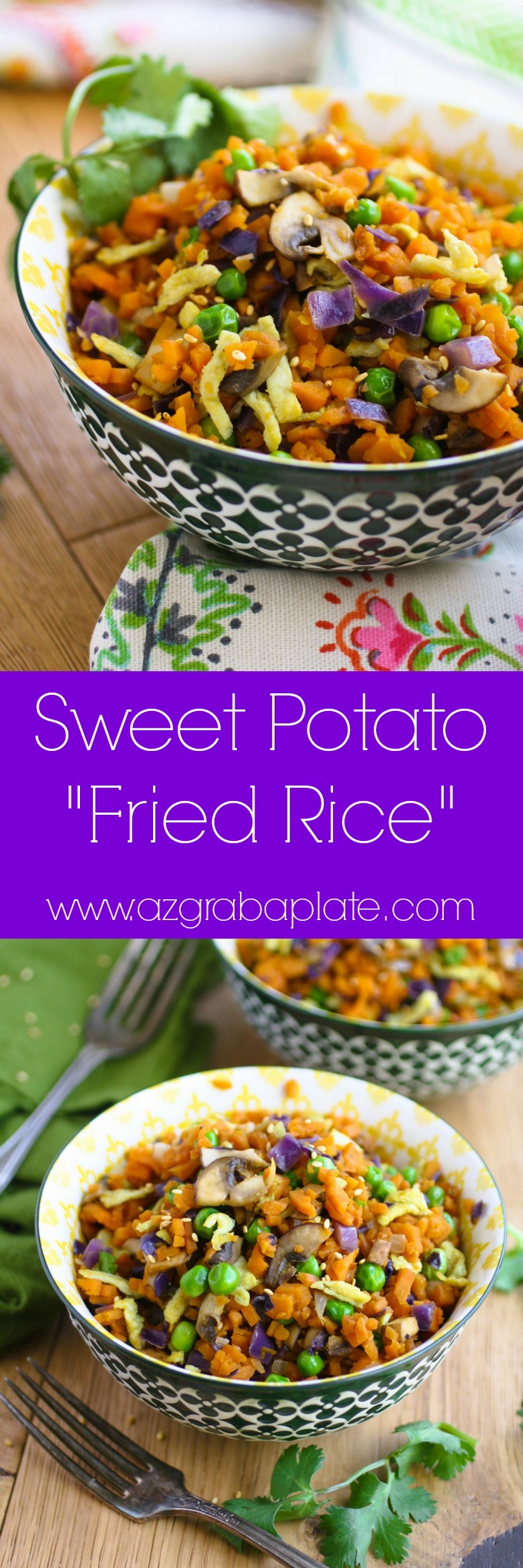 Sweet Potato "Fried Rice" is a colorful and healthy dish your family will love! This is a vegetarian dish perfect for Meatless Monday, or any day of the week!