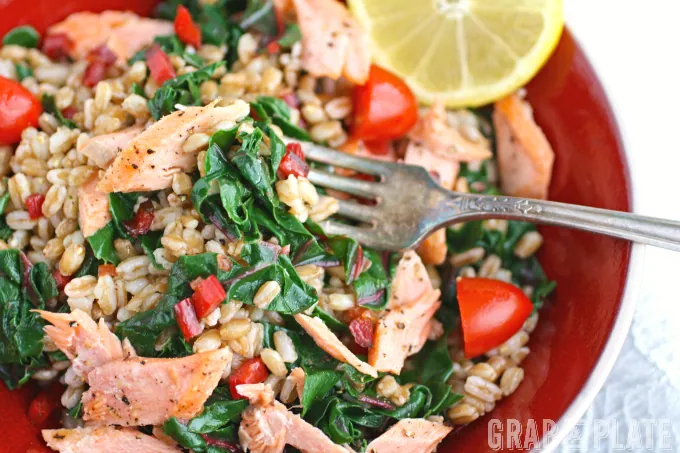 Enjoy a bowl meal sooner than later! Warm Farro, Salmon & Swiss Chard Bowls are filling and flavorful!