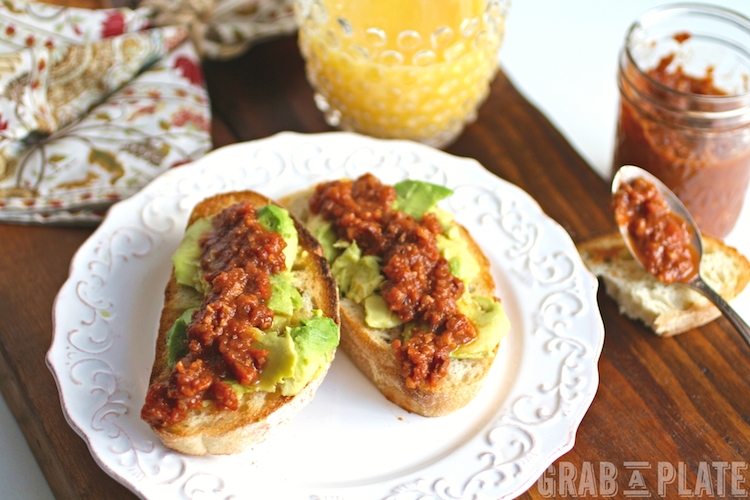 Tomato-Bacon Jam with Avocado Toast is a treat. You can also use the jam on eggs or your favorite burger.