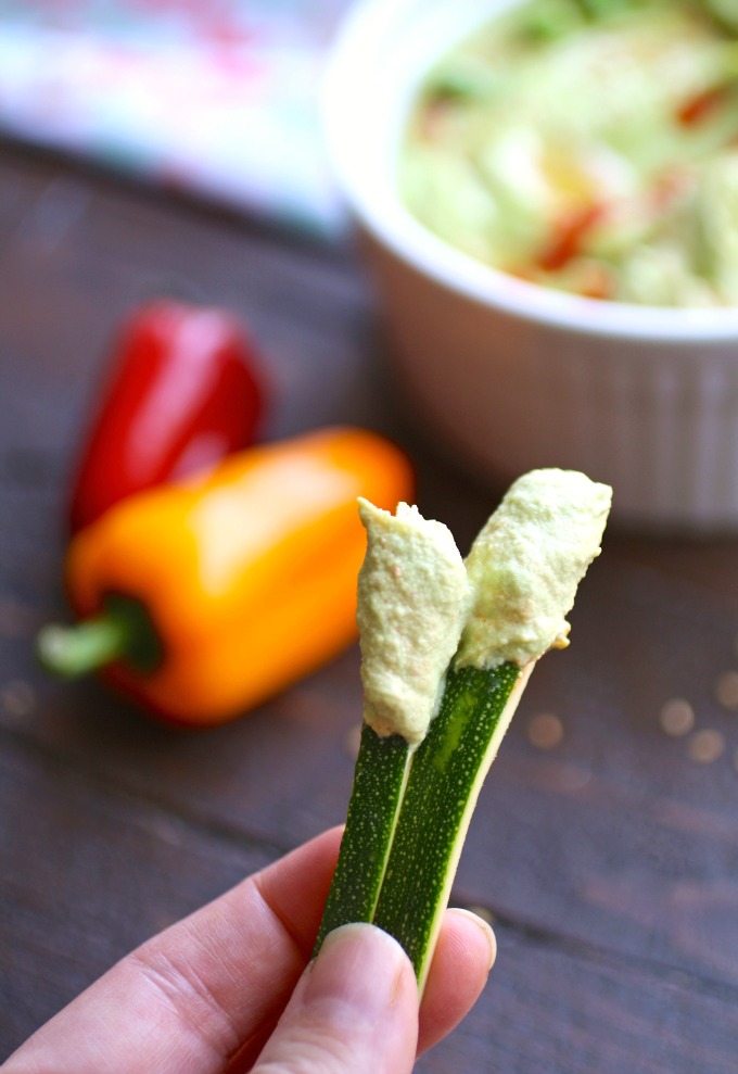 Veggies make the perfect vehicle to dip in and enjoy Spiced Edamame Hummus!