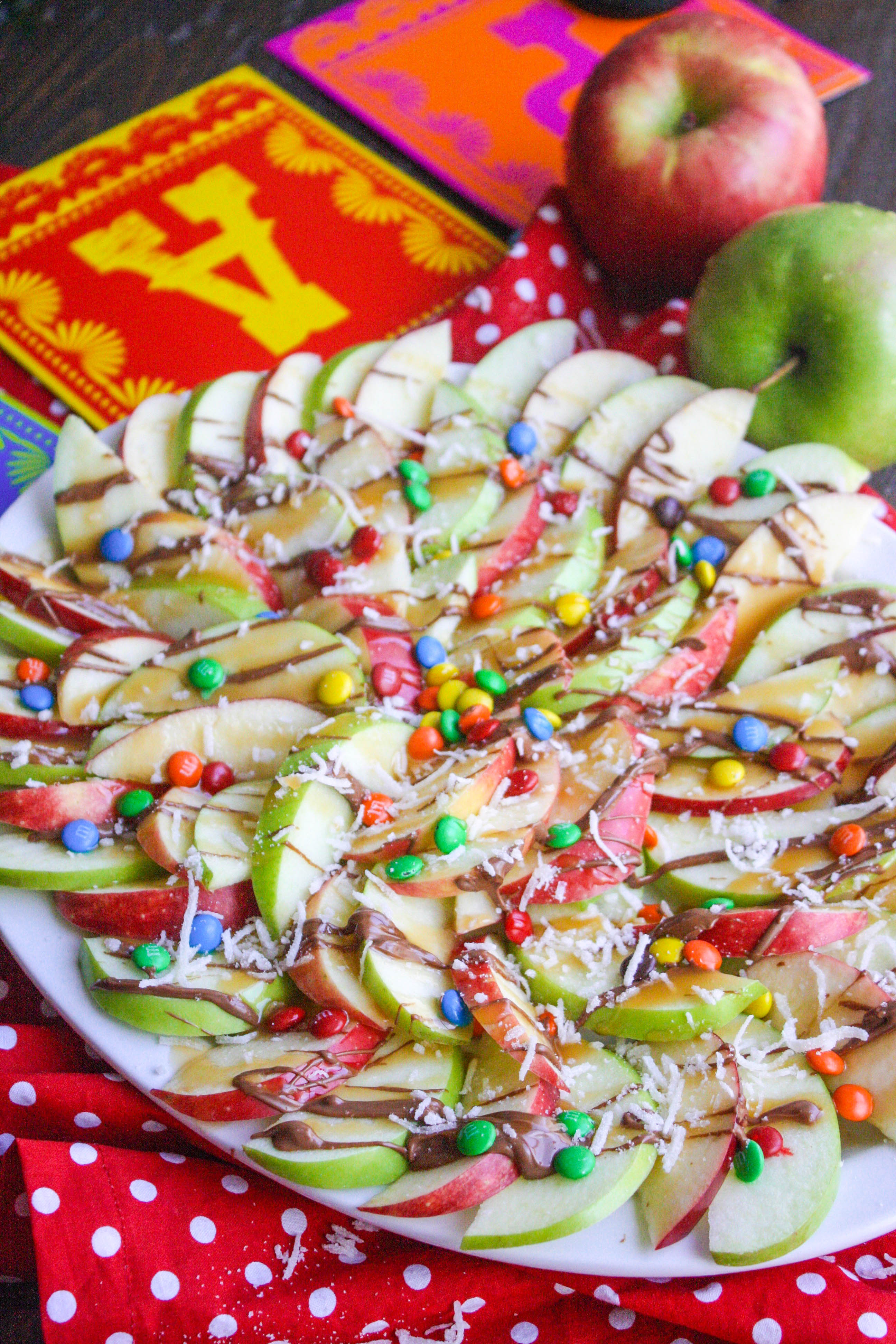 Apple nachos with chocolate & caramel drizzle are so fun to serve for a special treat!