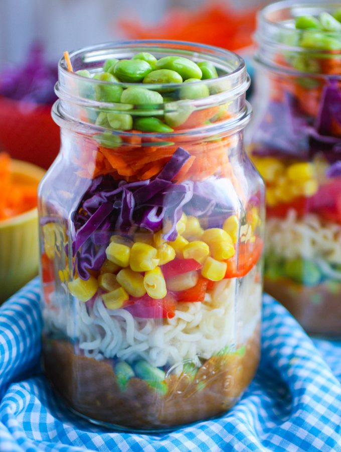 Asian Noodle Salad in a Jar with Spicy Peanut Dressing is a fun way to enjoy a salad. It's full of flavor and great color!