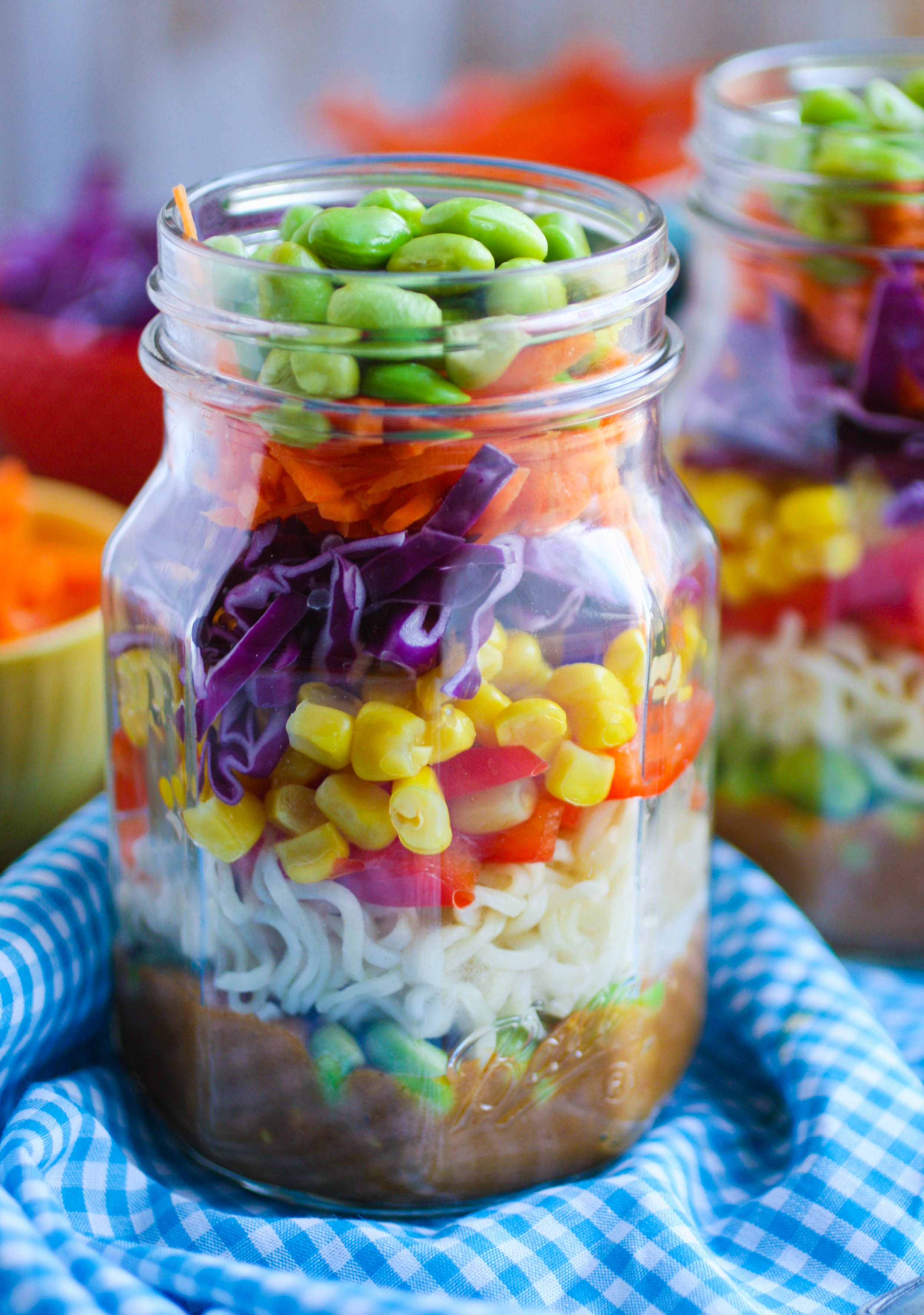 Asian Noodle Salad in a Jar with Spicy Peanut Dressing is a fun way to enjoy a salad. It's full of flavor and great color!