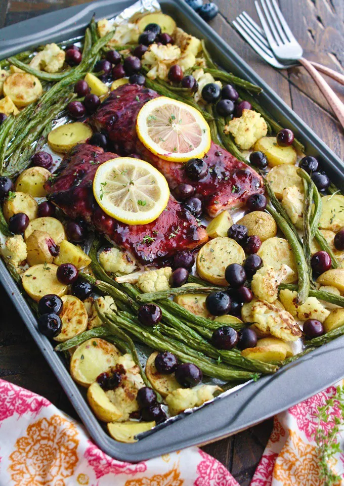 Sheet Pan Blueberry-Balsamic Glazed Salmon is so easy to make, and so delicious, too!