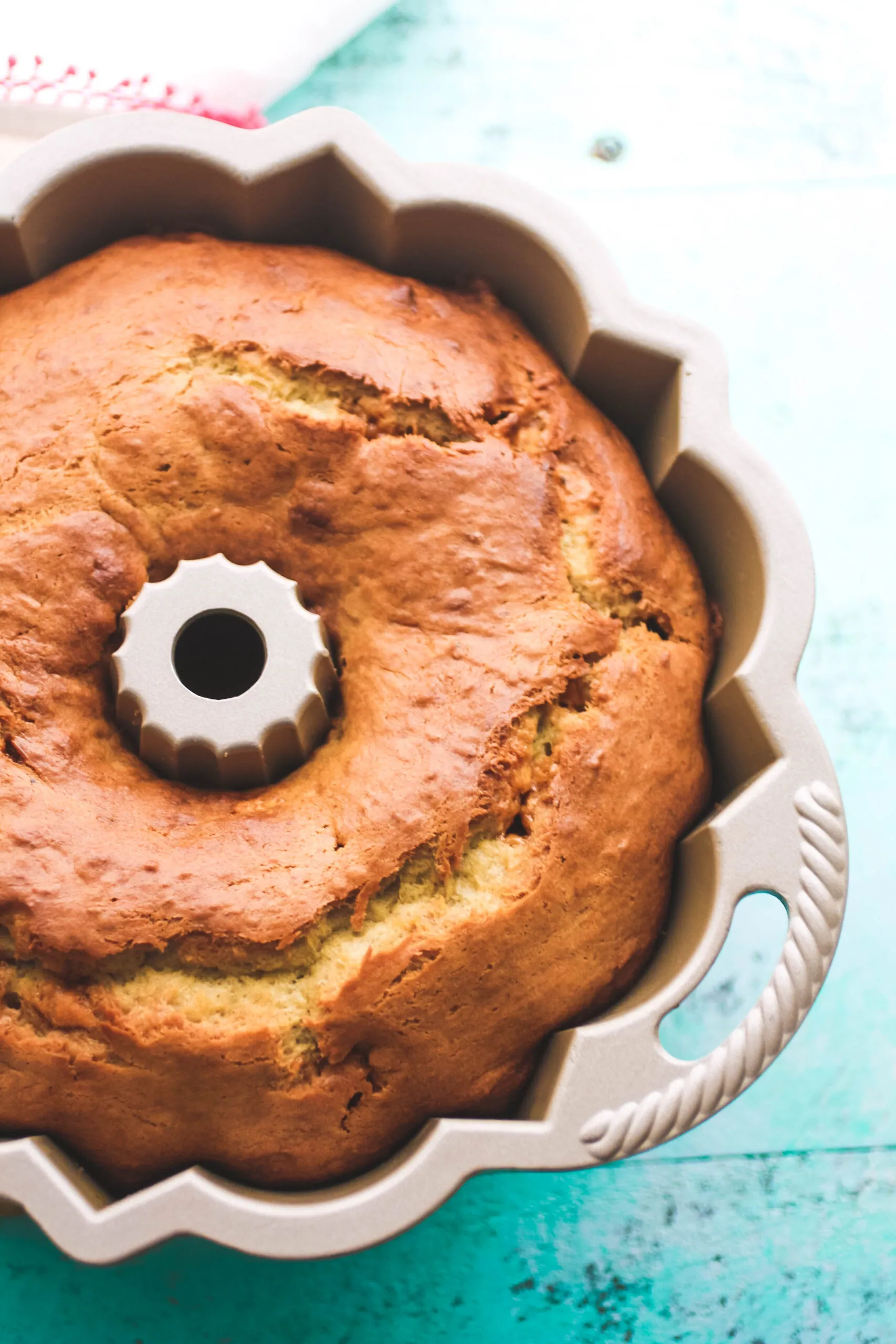 A Banana-Butterscotch Bundt Cake in the pan, ready to flip to serve up a delightful dessert!