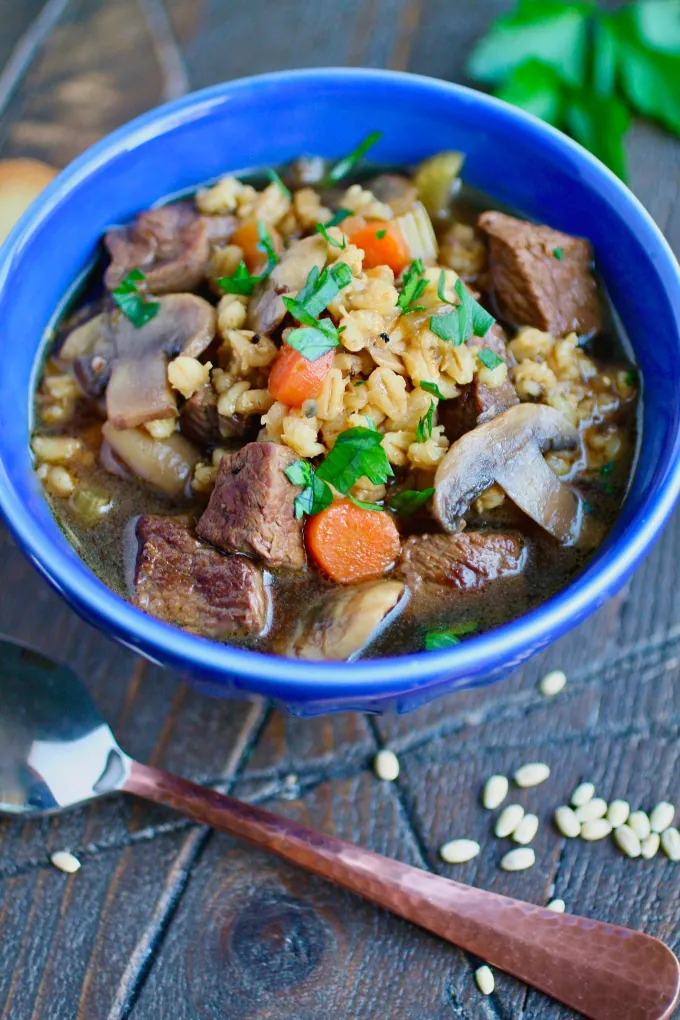 Hearty and filling, Beef Barley and Mushroom Soup is a treat during the cold winter!