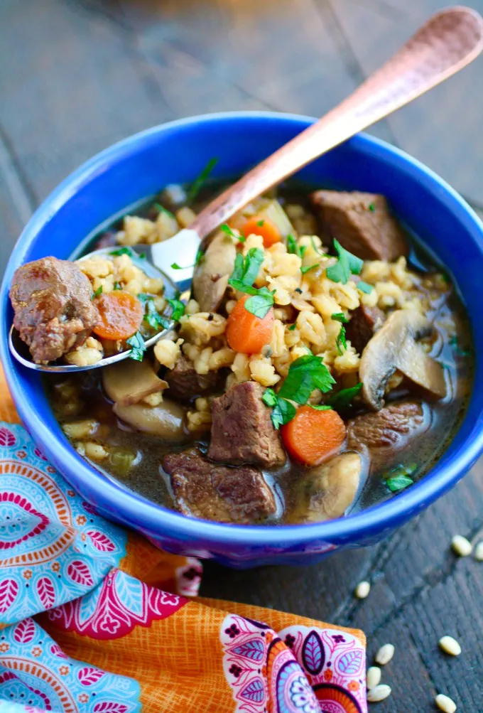 You'll want to dig into a bowl of Beef Barley and Mushroom Soup this season!