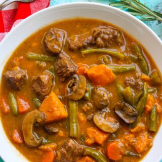 A bowl of Beef Stew with Sweet Potatoes is lovely on a cold night.