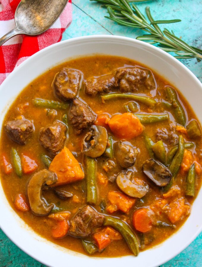 A bowl of Beef Stew with Sweet Potatoes is lovely on a cold night.