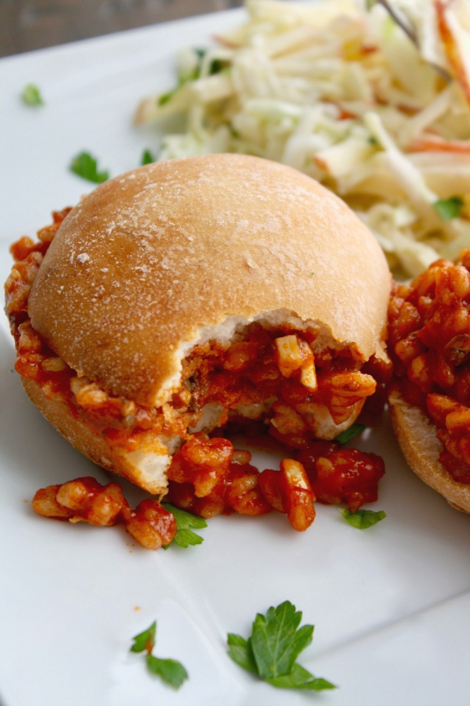 You'll love bite after bite of these Spicy Sloppy Farro Joes with Creamy Cabbage-Apple Slaw!