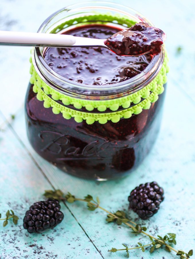 Blackberry-thyme chia seed jam is an easy to make treat. Blackberry-thyme chia seed jam is fruity and delicious.