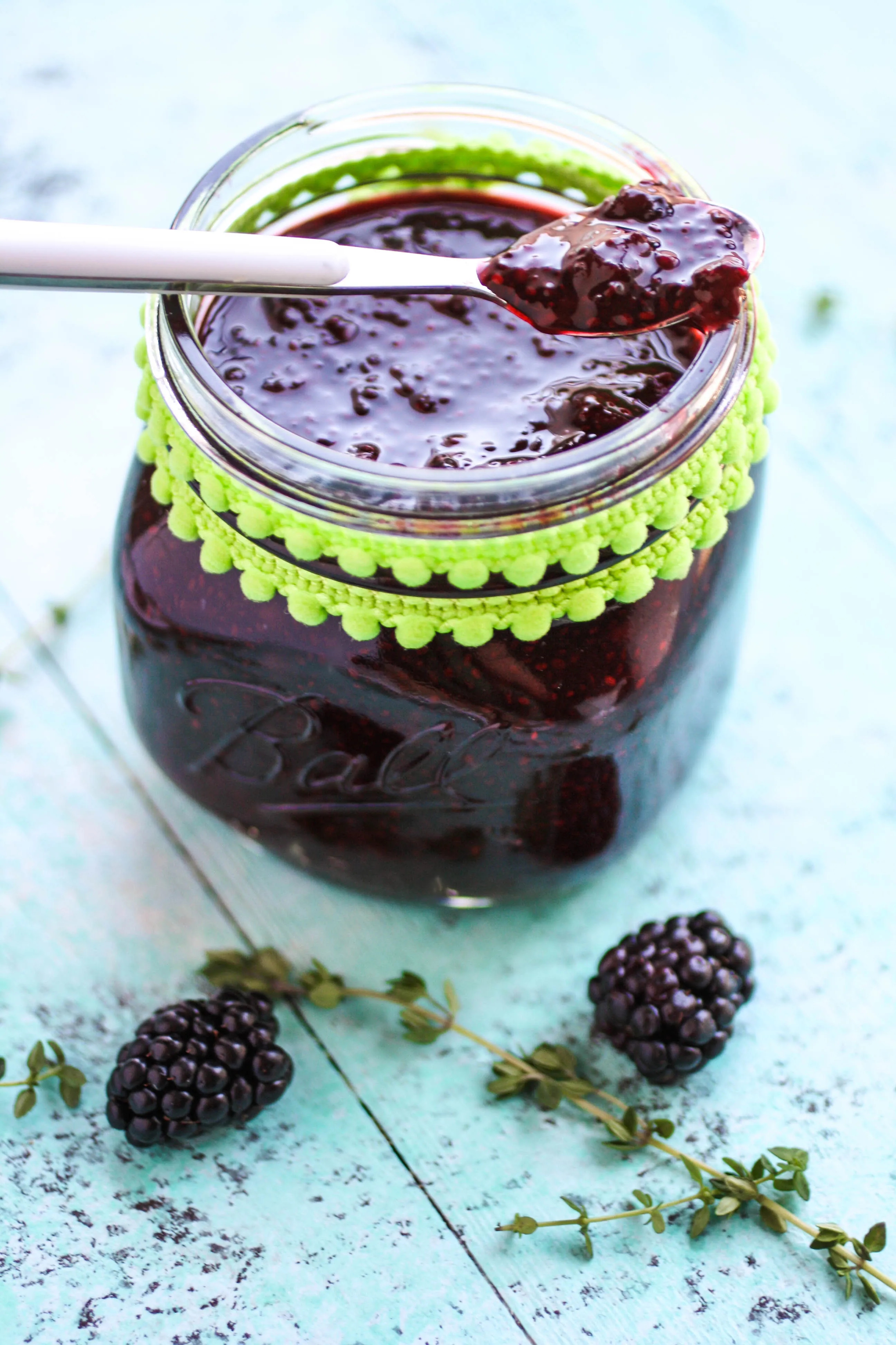 Blackberry-thyme chia seed jam is an easy to make treat. Blackberry-thyme chia seed jam is fruity and delicious.