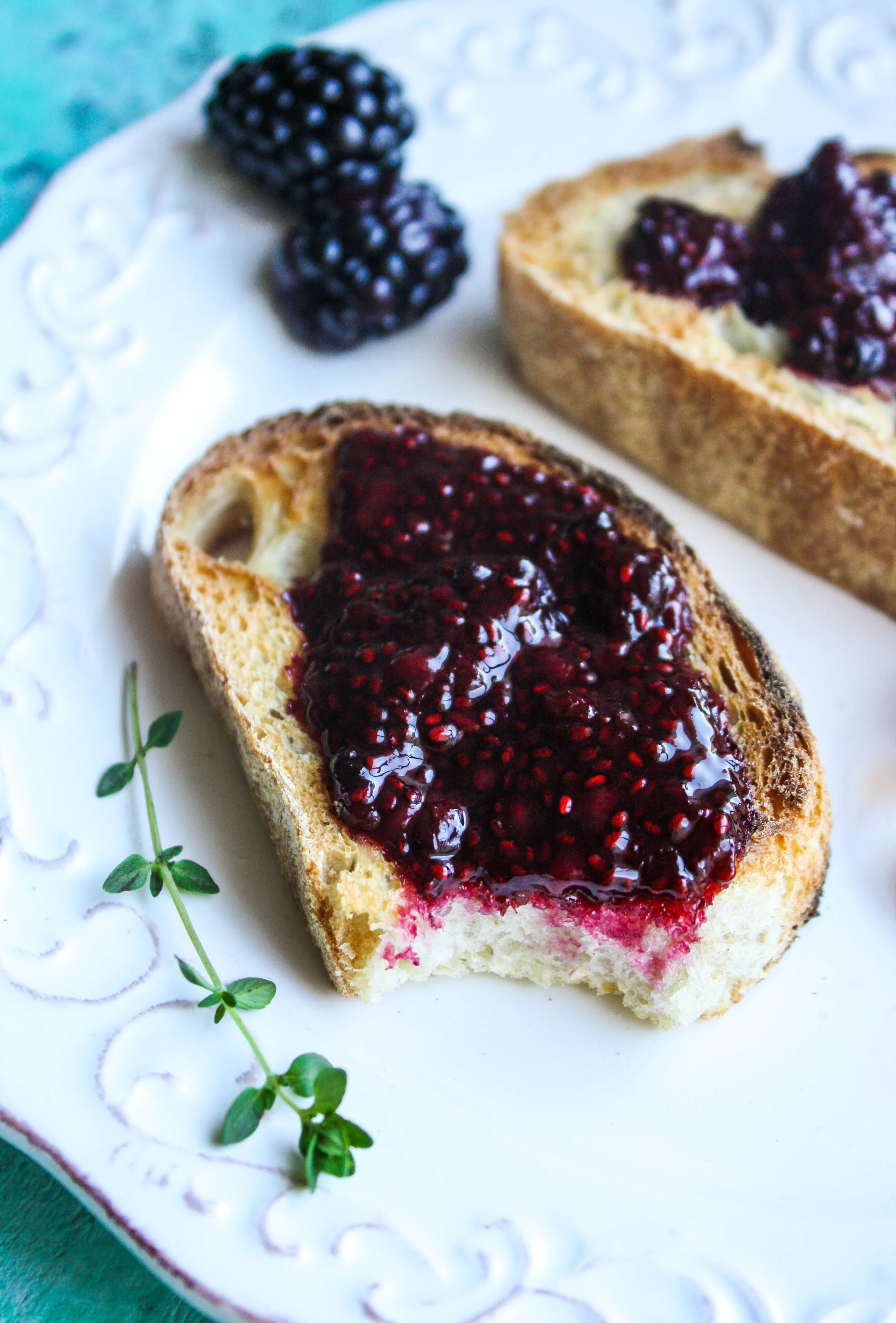 Blackberry-thyme chia seed jam is simple to make and it makes mornings better! Blackberry-thyme chia seed jam is a treat for breakfast, or with peanut butter for a sandwich.