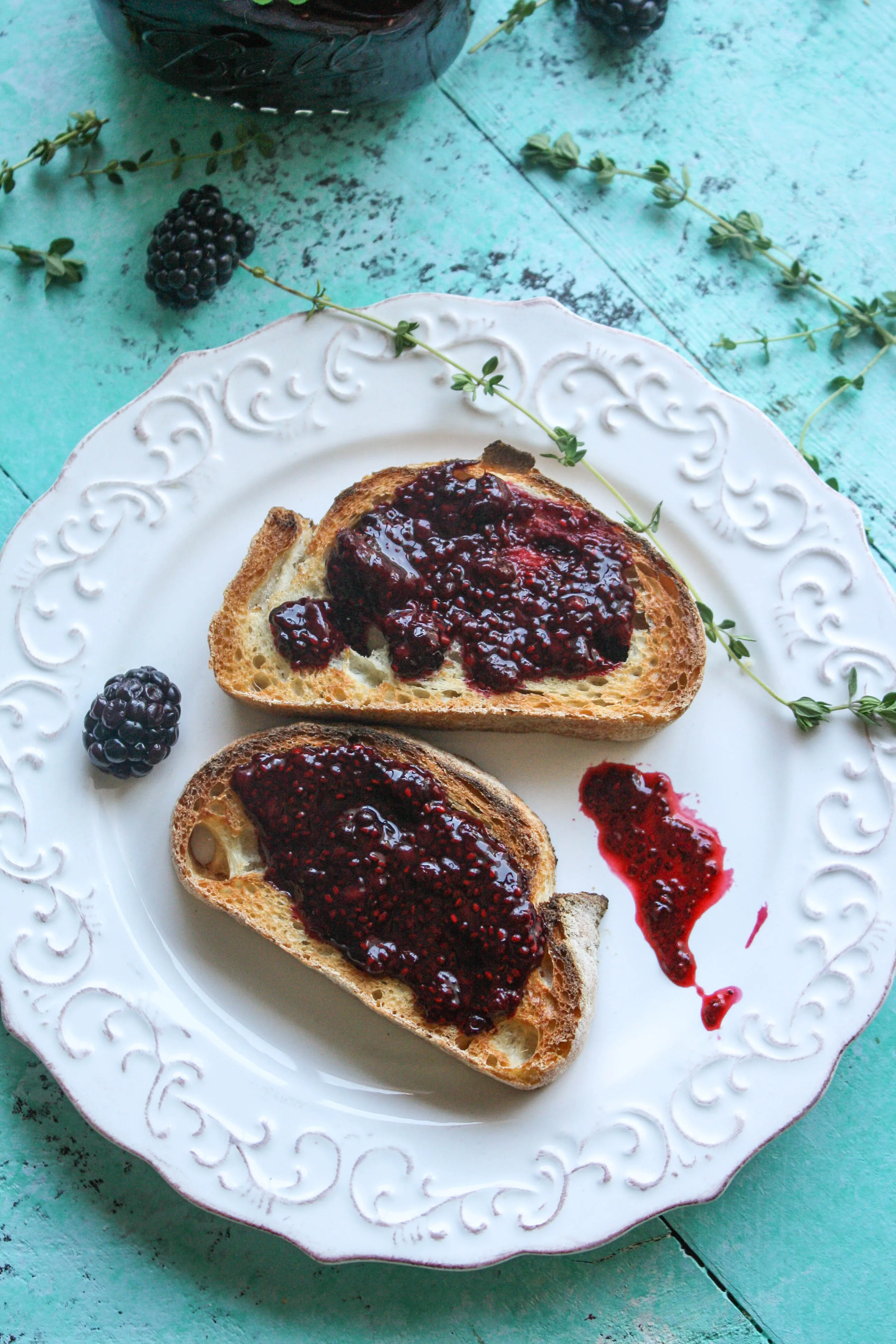 Blackberry-thyme chia seed jam tops toast perfectly! Blackberry-thyme chia seed jam is wonderfully fruity and so easy to make. 