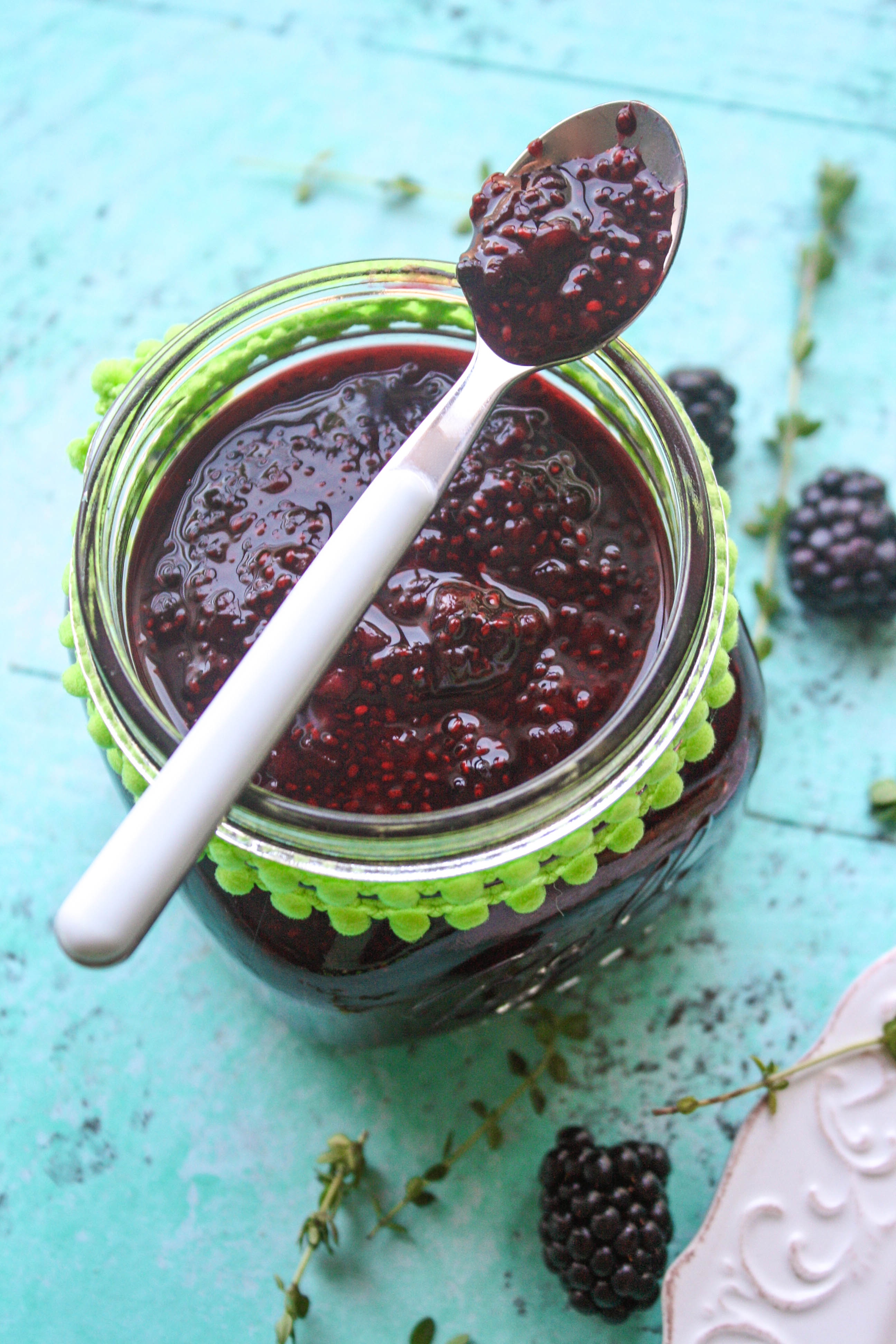Blackberry-thyme chia seed jam is what you want on your toast! Blackberry-thyme chia seed jam is so easy to make for a treat with your toast!