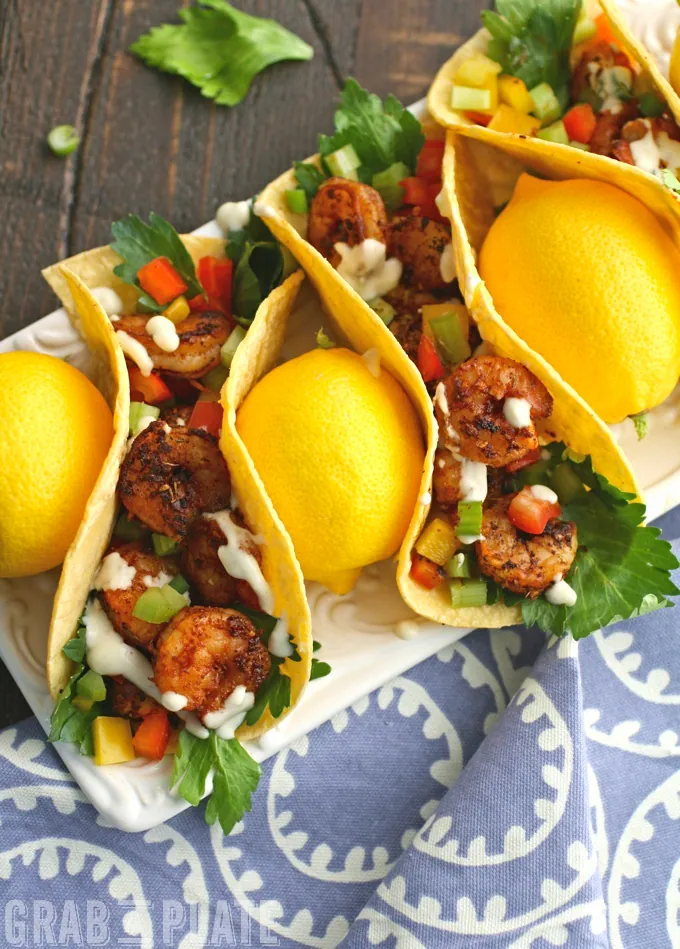 No excuses needed to enjoy Blackened Shrimp Tacos with Creamy Garlic-Lemon Sauce!