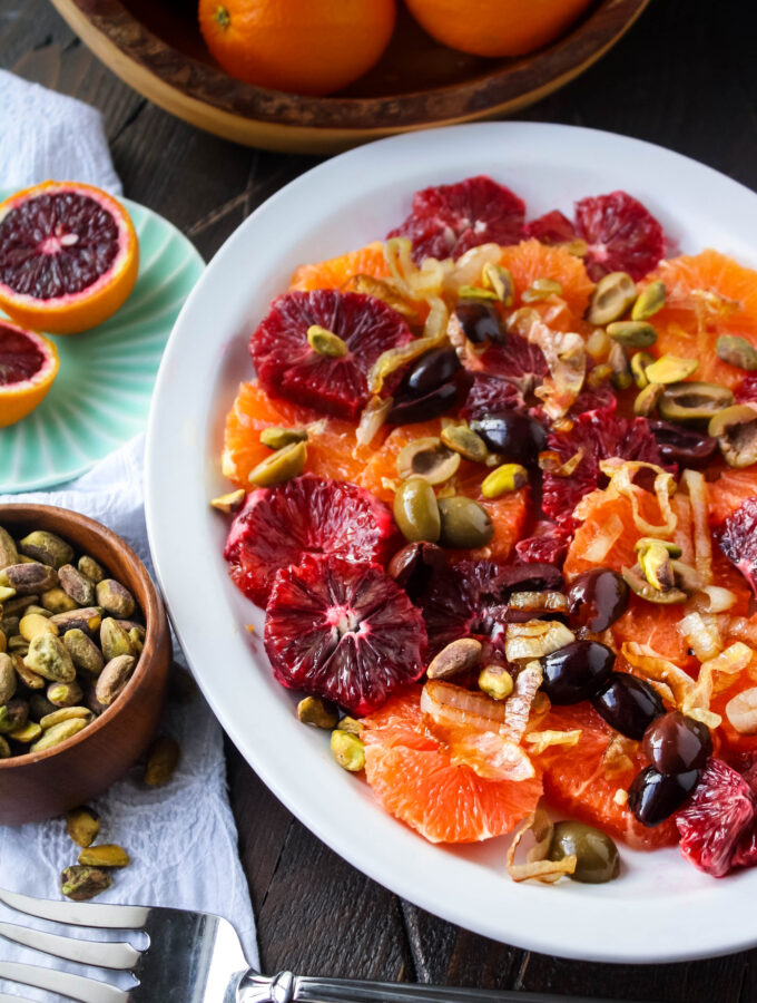 Blood Orange Salad with Shallots & Olives is bright and colorful with jewel-like oranges.