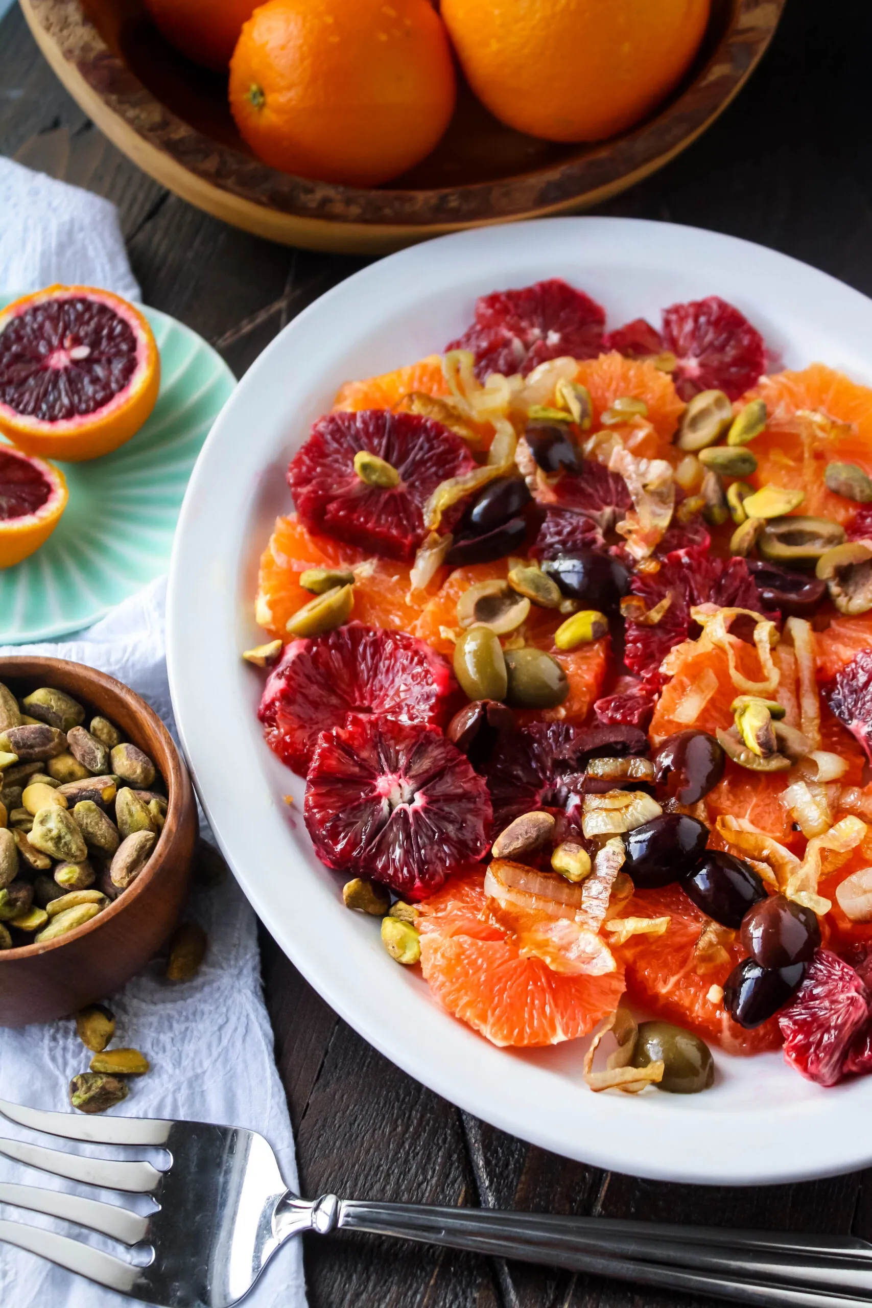Blood Orange Salad with Shallots & Olives is bright and colorful with jewel-like oranges.