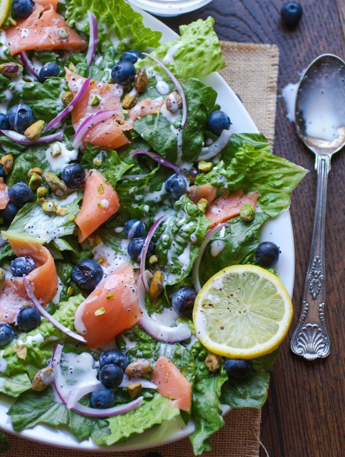 Smoked Salmon Salad with Blueberries and Lemon Poppy Seed Dressing is a great summertime meal. You'll love the salad and the easy-to-make dressing!
