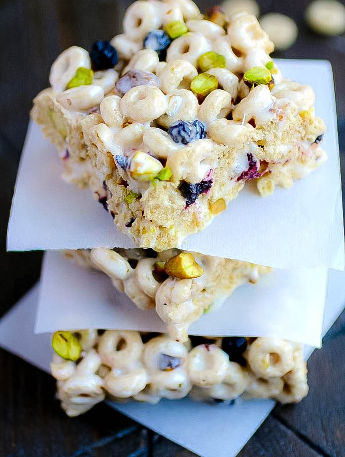 Blueberry-Pistachio Marshmallow Cereal Bars make a fun treat. Blueberry-Pistachio Marshmallow Cereal Bars are great as an after-school snack!
