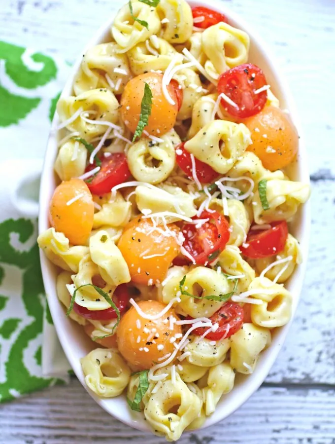 You'll love this summer combo: Chilled Tortellini, Tomato and Melon Salad with Lemon-Mint Dressing