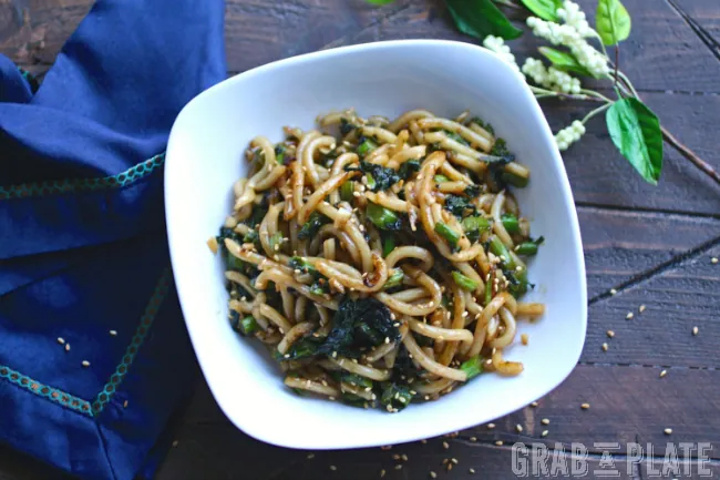 Delight in a bowl of Pan-Fried Udon Noodles with Garlic and Rapini