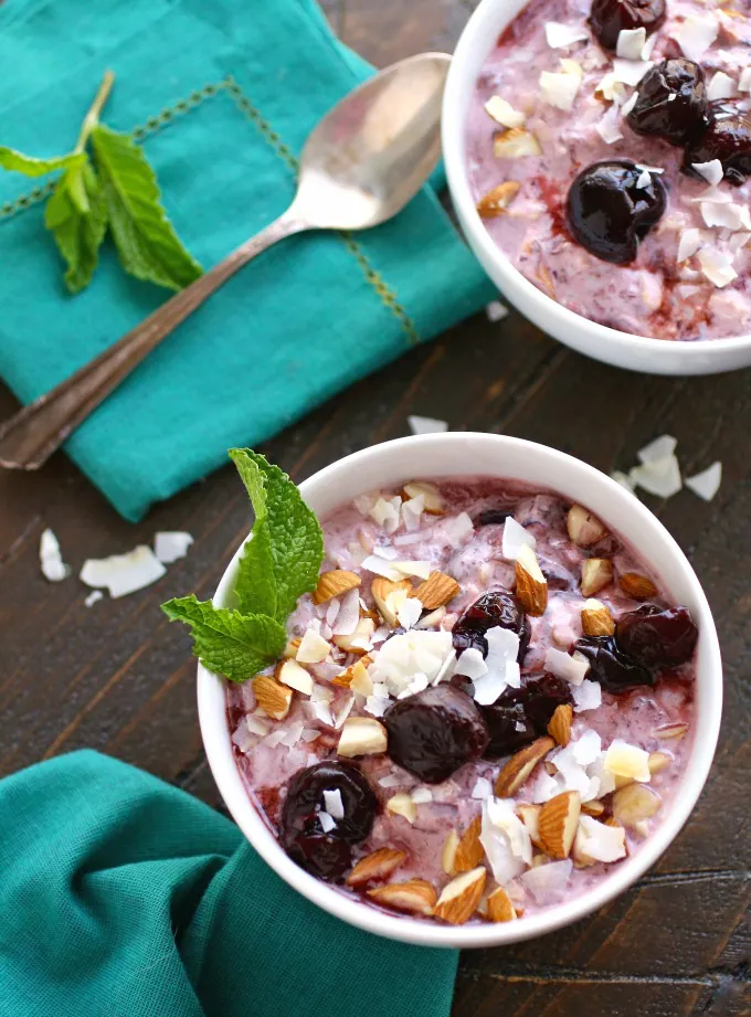Enjoy breakfast! It's so easy to prep Cherry, Almond & Coconut Overnight Oats with Chia for breakfast the next day!