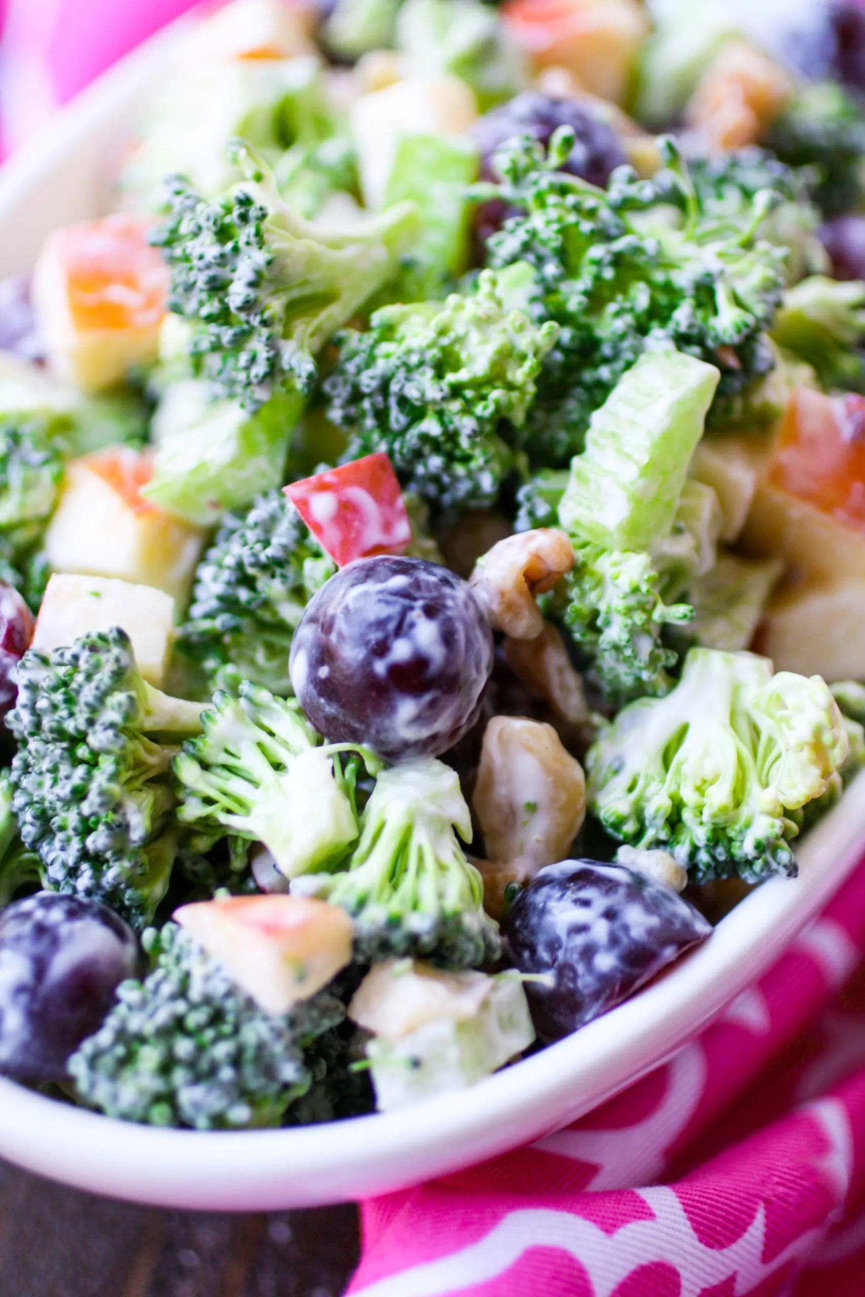 Close-up of all the goodies in a Broccoli Waldorf Salad!