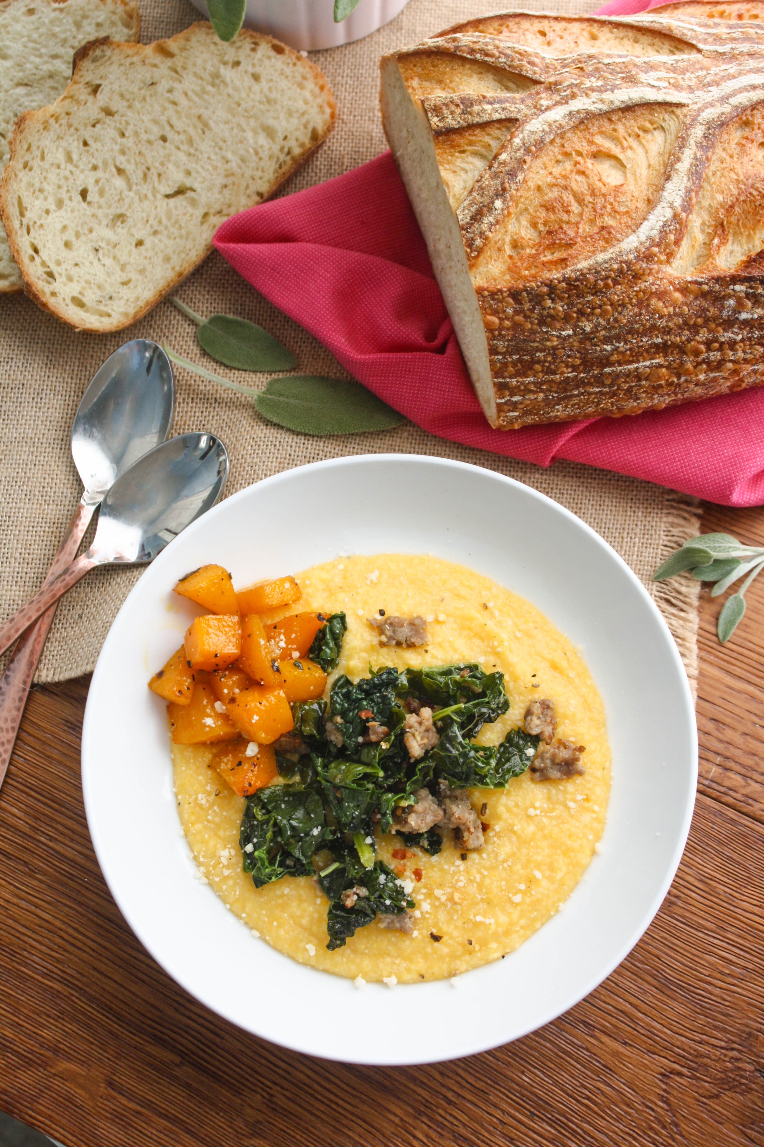 Butternut Squash Grits with Sausage and Kale is a welcome dish to serve when the weather is chilly. These grits are comforting and flavorful.