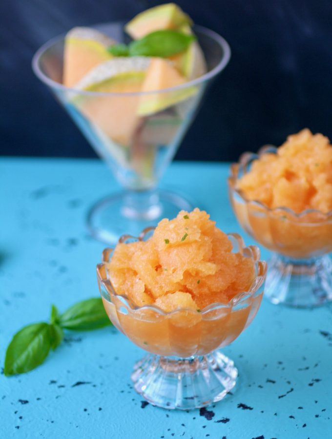 Cantaloupe-Basil Granita is a lovely frozen treat. Cantaloupe-Basil Granita is easy to make and perfect on a hot day.