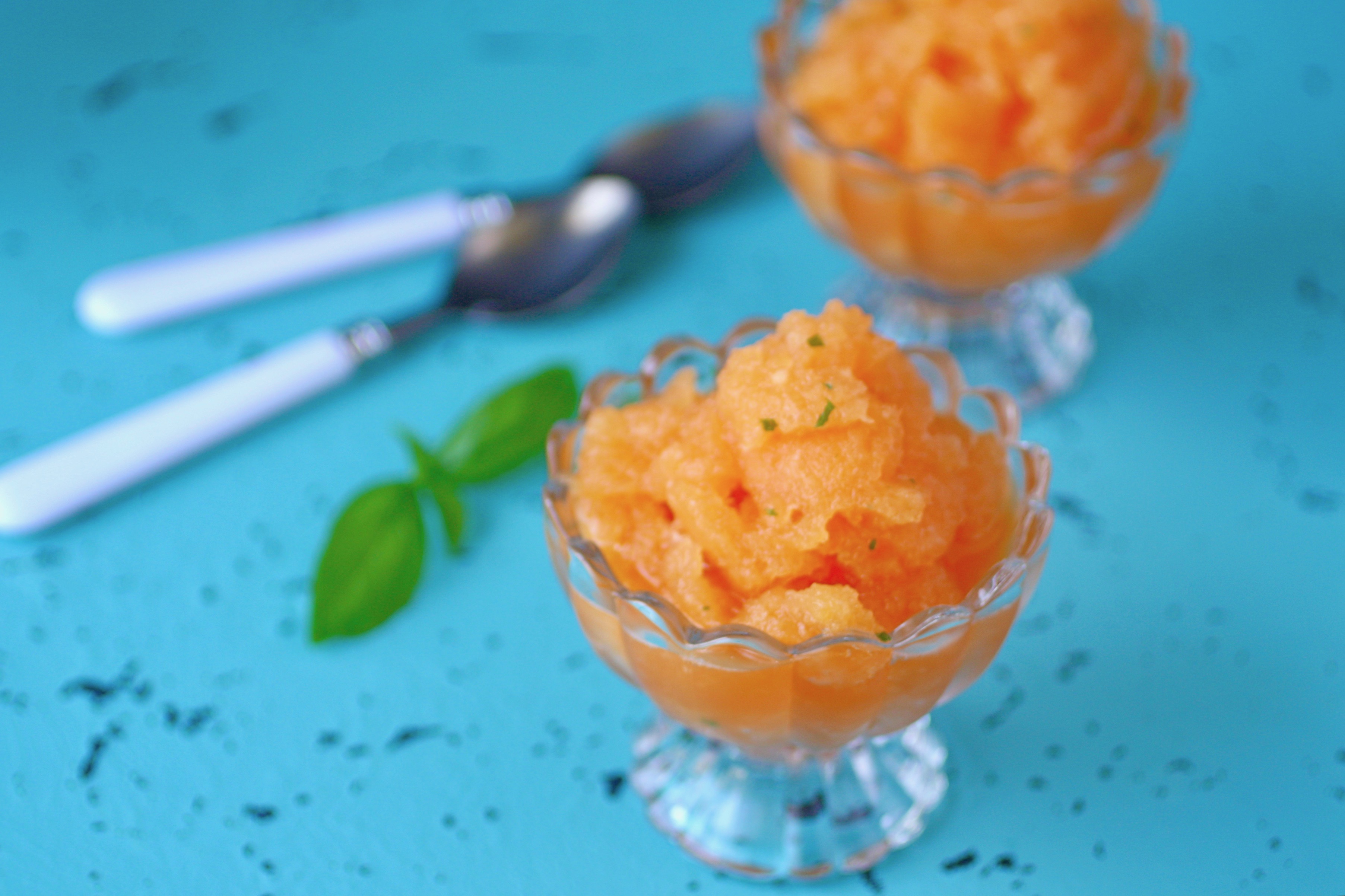 Cantaloupe-Basil Granita is refreshing and fun for the summer! Cantaloupe-Basil Granita is the perfect after-dinner treat this summer!