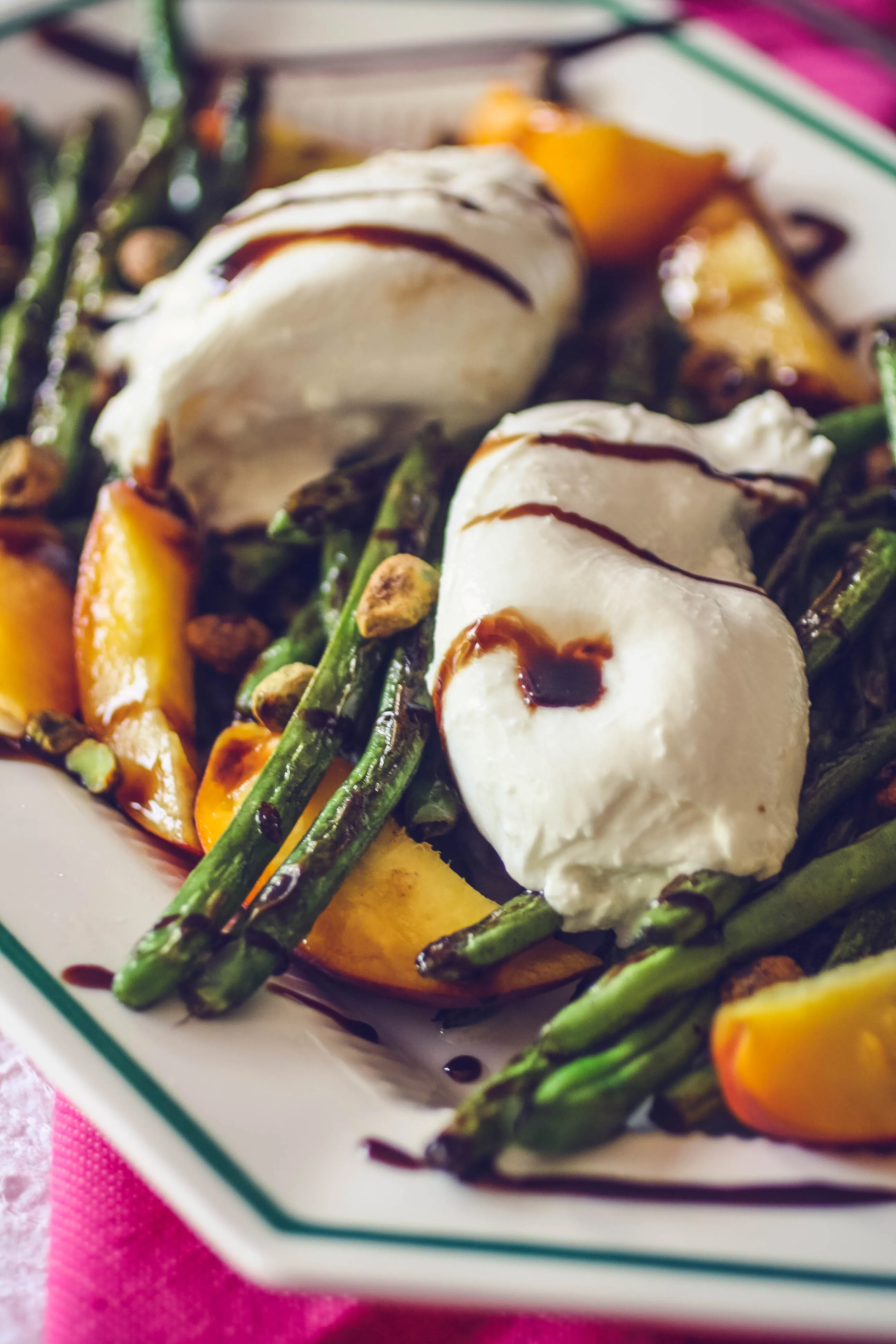Charred Green Beans with Burrata and Peaches is lovely in the summer. Charred Green Beans with Burrata and Peaches is a great summer salad!